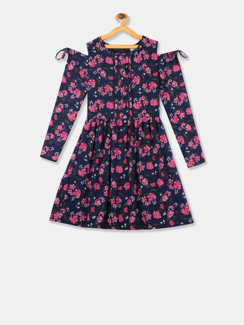 Cherokee Girls Navy Blue & Pink Printed Fit and Flare Dress