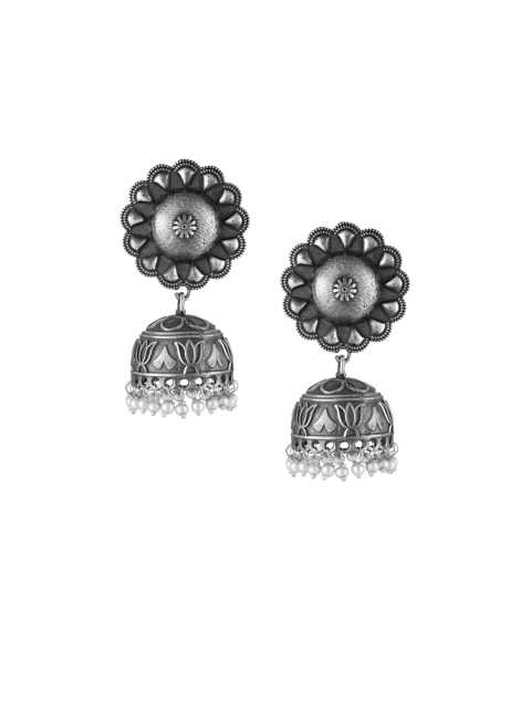 Adwitiya Collection Silver-Plated Oxidised Dome Shaped Jhumkas