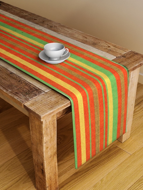NEUDIS Orange & Green Striped Hand Woven Table Runner