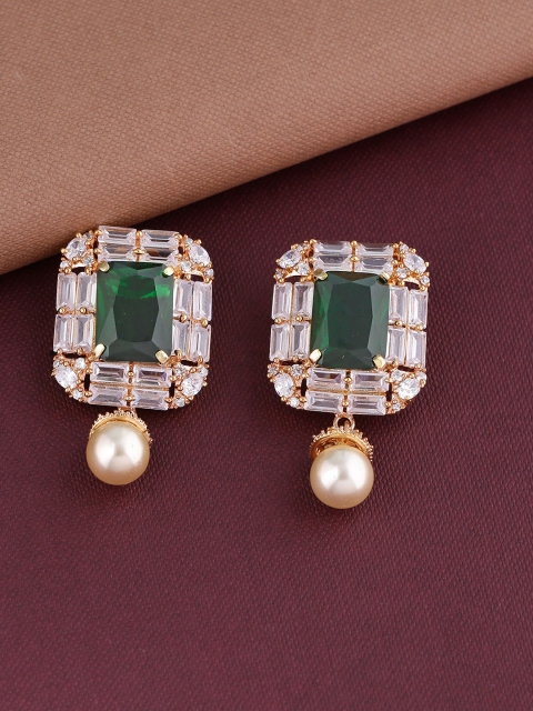Shoshaa Green & Gold-Toned Geometric Gold Plated Drop Earrings