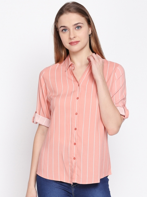 Honey by Pantaloons Women Pink & Off-White Striped Shirt Style Denim Top