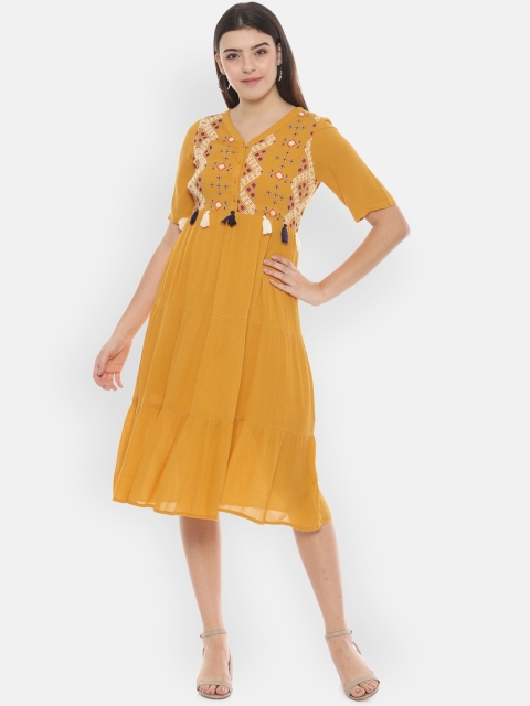People Women Mustard Orange Solid A-Line Dress