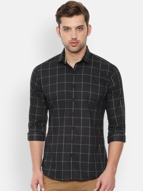 V Dot Men Black & Grey Skinny Fit Checked Casual Shirt