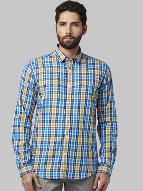 Park Avenue Men Yellow & Blue Slim Fit Checked Casual Shirt