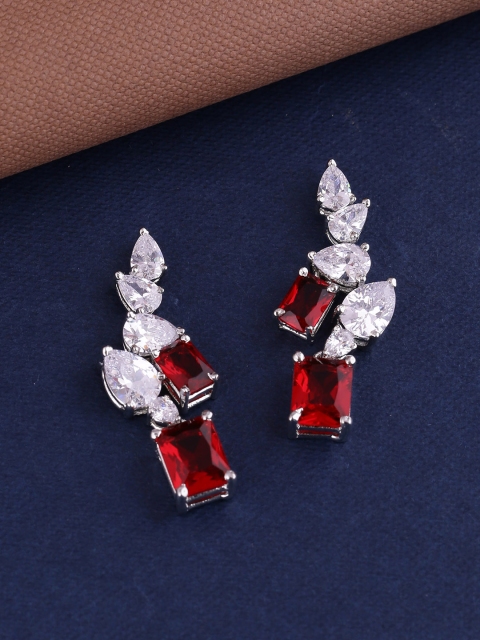 Shoshaa Silver-Plated & Red Geometric Drop Earrings