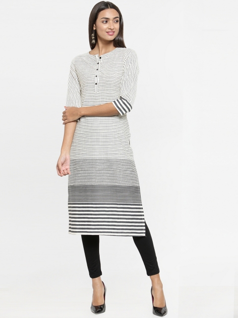 Kiaasa Women Off-White & Black Striped Straight Kurta