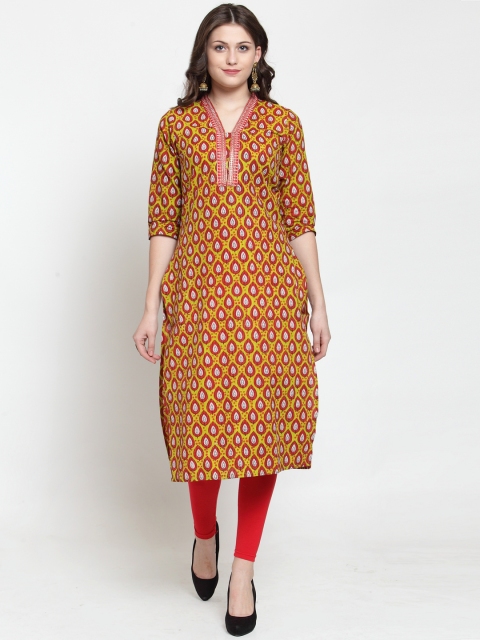 Kiaasa Women Green & Red Printed Straight Kurta
