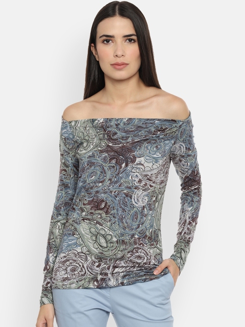 Van Heusen Woman Grey & Off-White Printed Bardot Top
