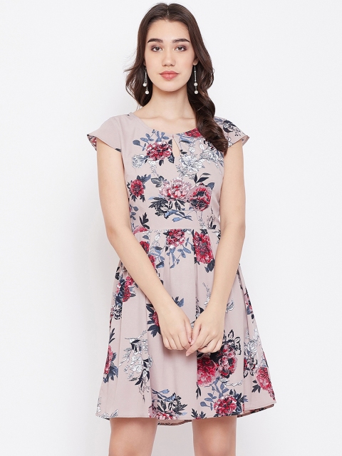 PURYS Women Brown & Blue Floral Printed Fit and Flare Dress