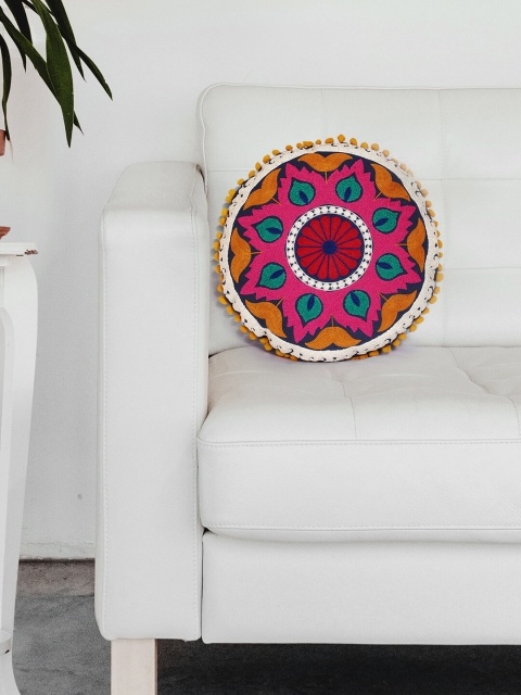 Chumbak Pink & Orange Set of Single Embroidered Round Cushion Covers