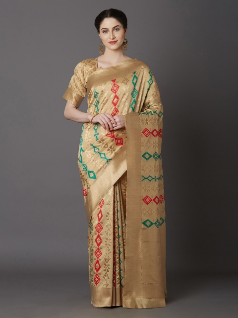 Mitera Cream-Coloured & Gold-Toned Silk Blend Printed Kanjeevaram Saree