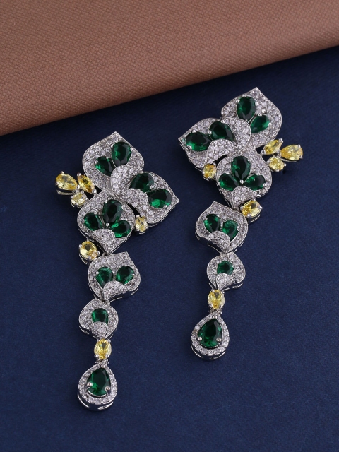 Shoshaa Green & Silver-Plated CZ Stone-Studded Contemporary Drop Earrings