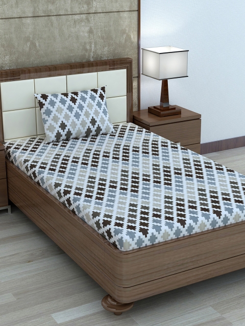 Divine Casa Grey & Brown Abstract 180 TC Cotton 1 Single Bedsheet with 1 Pillow Covers