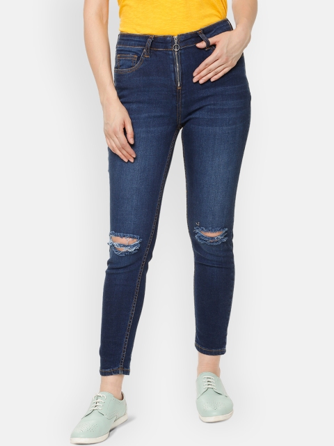 People Women Blue Slim Fit Mid-Rise Slash Knee Stretchable Jeans