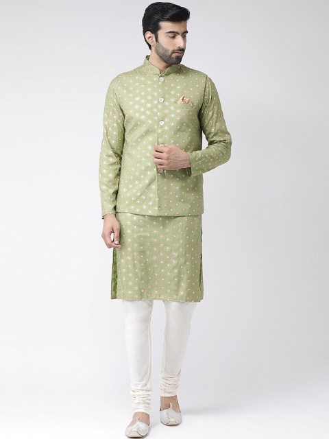 KISAH Men Green & Gold-Coloured Printed Handloom Kurta with Churidar & Nehru Jacket