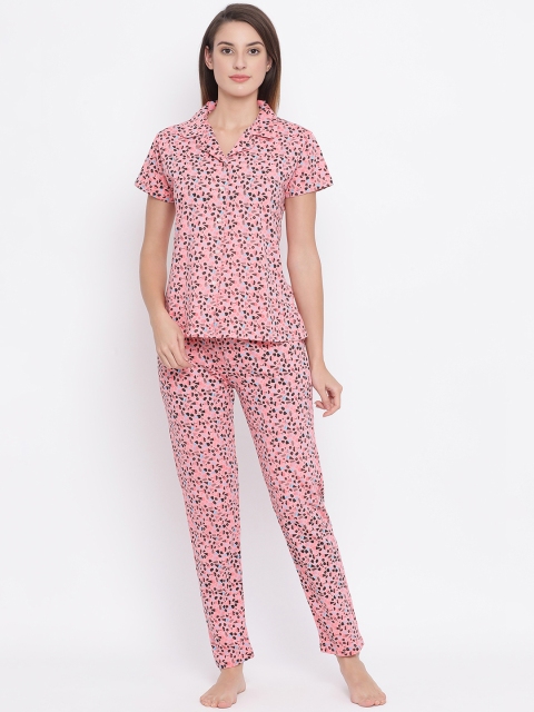 Clovia Women Pink & Brown Printed Night suit LS0025P143