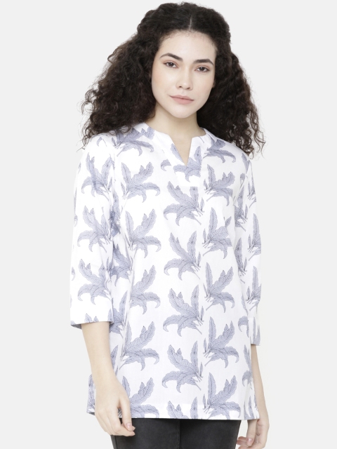 Double Two Women White Printed A-Line Pure Cotton Top
