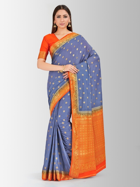 MIMOSA Blue & Orange Poly Crepe Woven Design Mysore Silk Saree