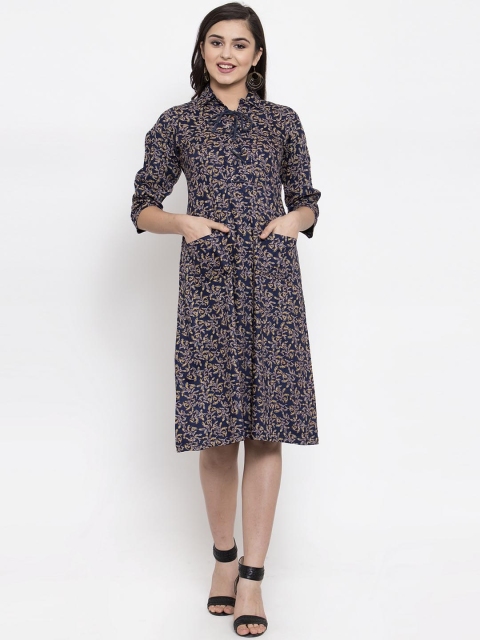 Ayaany Women Navy Blue Floral Print Shirt Dress