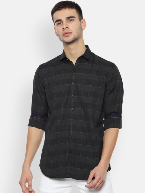 V Dot Men Black Slim Fit Checked Casual Shirt