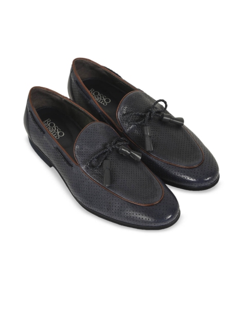 ROSSO BRUNELLO Men Navy Blue Textured Semi Formal Leather Loafers