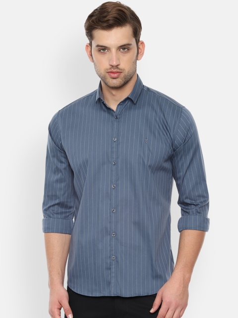 V Dot Men Blue & Grey Slim Fit Striped Casual Shirt