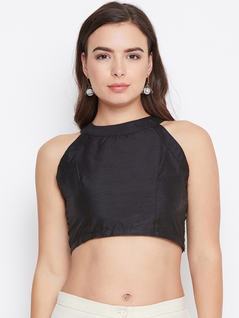 Meee Women Black Solid Crop Silk Top