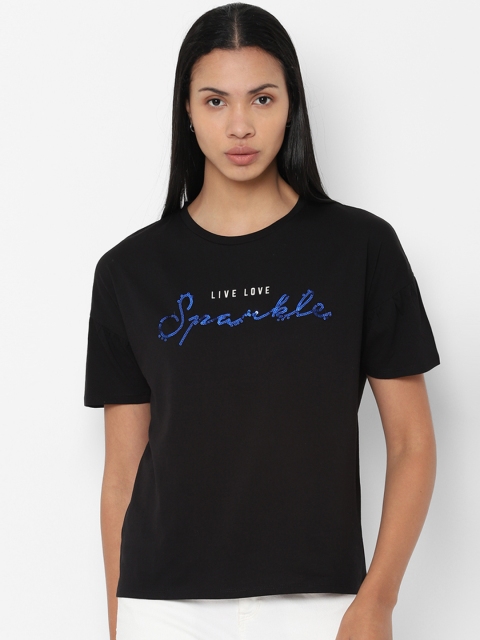 People Women Black Printed Round Neck T-shirt