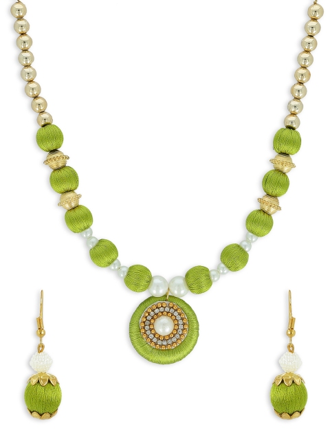AKSHARA Girls Green & Gold-Toned Stone-Studded Handcrafted Beaded Jewellery Set
