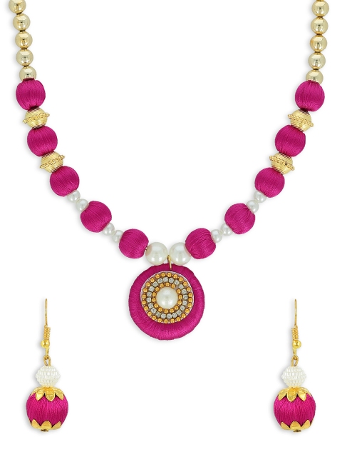 AKSHARA Girls Magenta & Gold-Toned Stone-Studded Handcrafted Beaded Jewellery Set