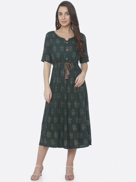 RAISIN Women Green Printed Fit and Flare Dress