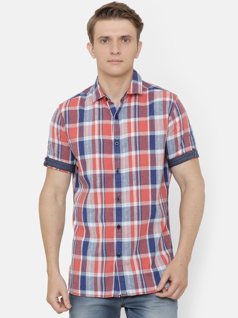 AweTRend Men Orange & Blue Slim Fit Checked Casual Linen Shirt