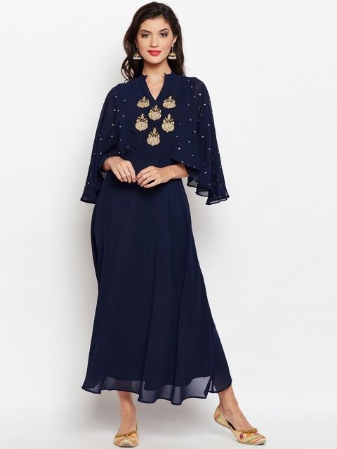 studio rasa Women Navy Blue Embellished Fit and Flare Dress