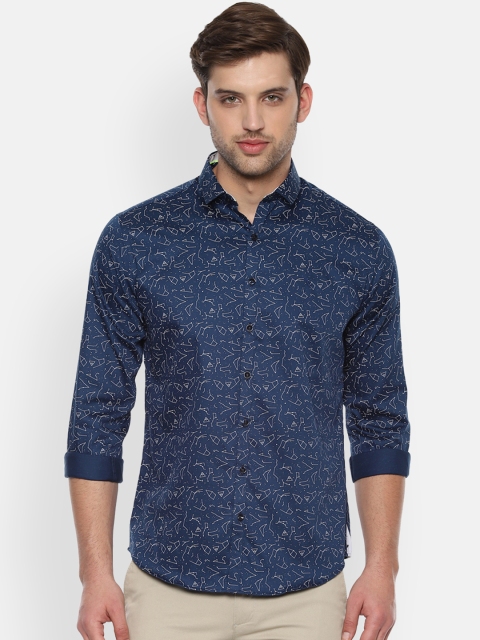 V Dot Men Navy Blue Slim Fit Printed Casual Shirt