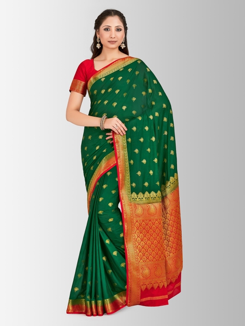 MIMOSA Green & Orange Poly Crepe Woven Design Mysore Silk Saree