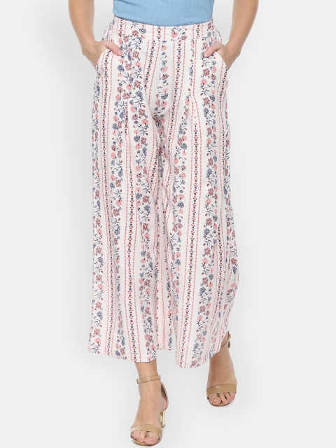 People Women White & Pink Printed Straight Palazzos