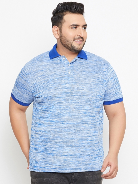 bigbanana Plus Size Men Blue Solid Polo Collar Bio Finish T-shirt