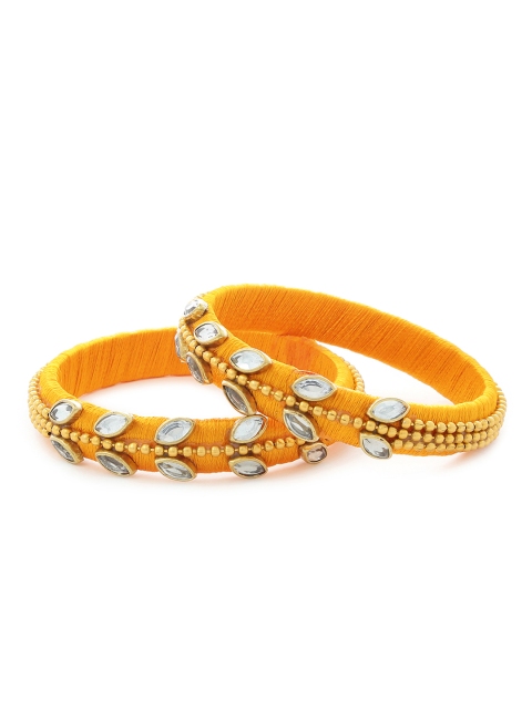 AKSHARA Girls Set of 2 Yellow & Gold-Toned Kundan-Studded Handcrafted Bangles
