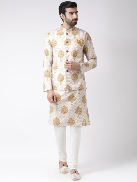 KISAH Men Off-White & Yellow Printed Kurta & Churidar with Nehru Jacket