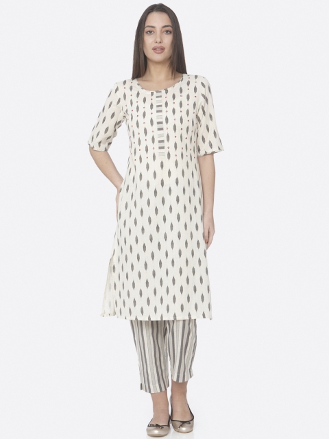 RAISIN Women Off-White & Grey Woven Design Kurta with Trousers