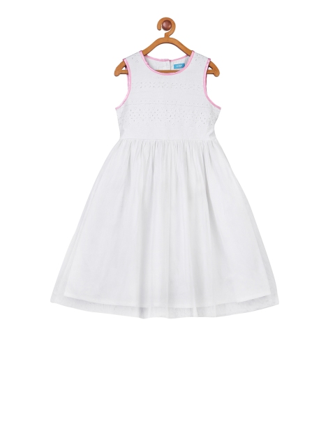 Miyo Girls White Self Design Fit and Flare Dress