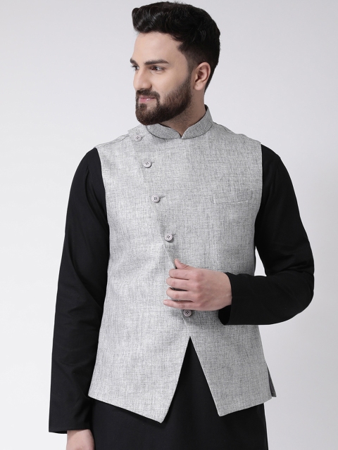TABARD Men Silver-Coloured Solid Pure Cotton Nehru Jacket