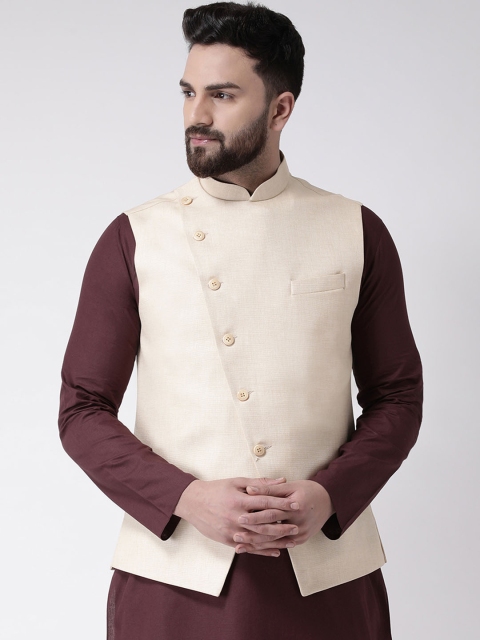 TABARD Men Cream-Coloured Solid Pure Cotton Nehru Jacket