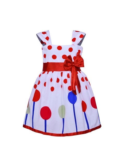 Wish Karo Girls White & Red Polka Dots Printed Fit and Flare Dress