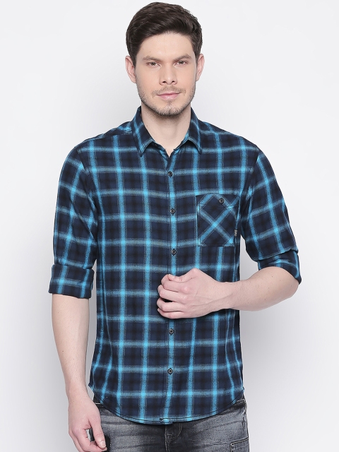 Mufti Men Navy Blue Slim Fit Checked Casual Shirt