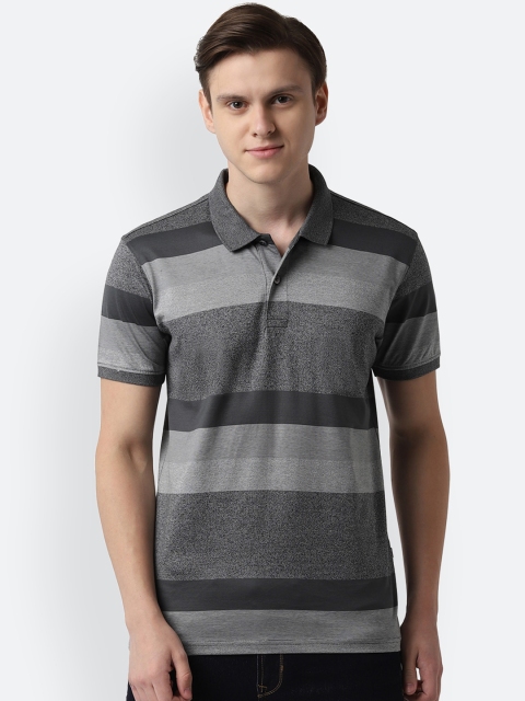 Peter England Casuals Men Grey Striped Polo Collar T-shirt