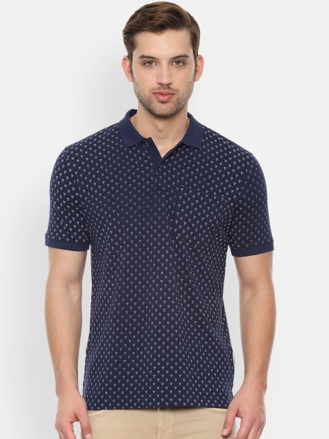 Van Heusen Men Navy Blue Floral Printed Polo Collar Pure Cotton T-shirt