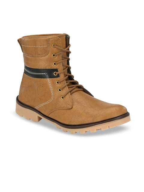 Guava Men Tan Brown Solid Synthetic Mid-Top Flat Boots