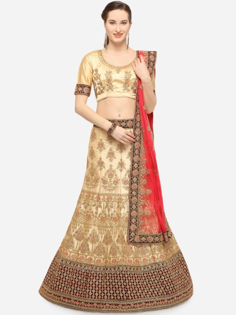V SALES Beige Embroidered Semi-Stitched Lehenga & Blouse with Dupatta