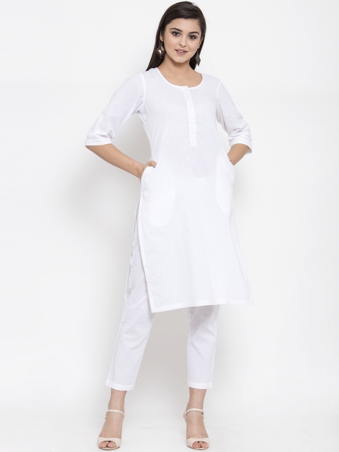 Ayaany Women White Solid Kurta with Trousers
